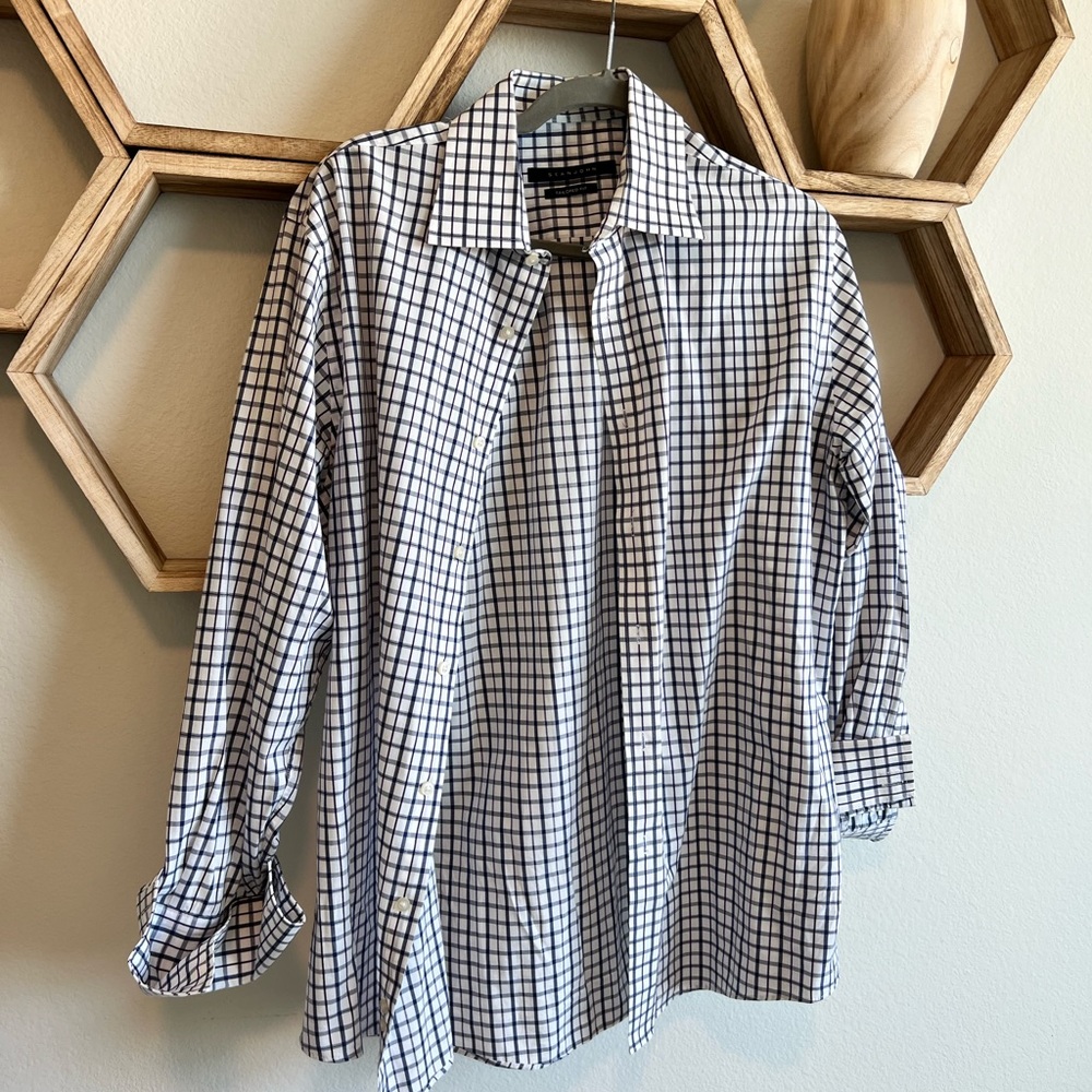 sean john tailored fit mens checkered long sleeve button down white navy